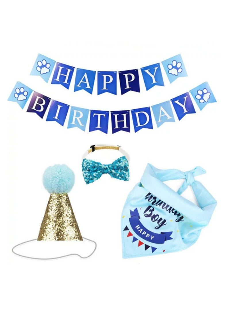 1 Set Handmade Adjustable DIY Pet Birthday Party Decor Kit -Includes Crown Bow Collar Bandana Scarf Headband & Banner for Cat Dog Celebration Supplies blue - Image 5